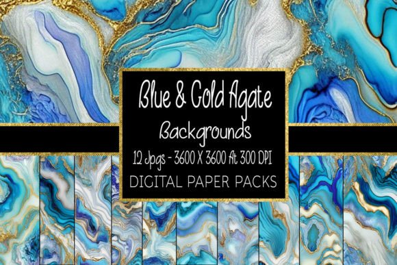 Blue and Gold Agate Backgrounds: Modern Glam Design Assets