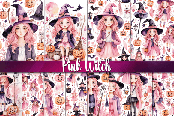 Cute Halloween Pink Witch Backgrounds for Creative Projects
