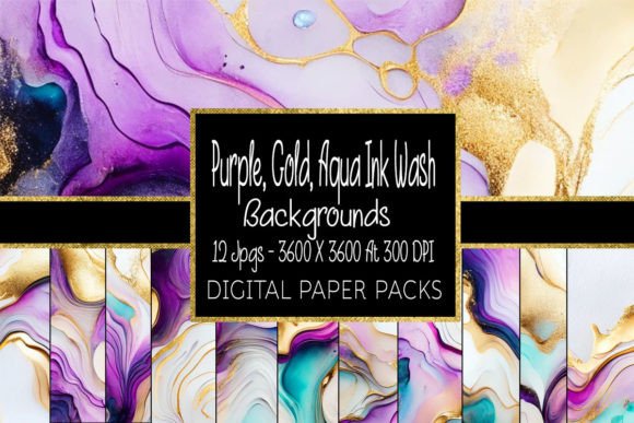 Purple Aqua Gold Ink Wash Backgrounds for Digital Projects